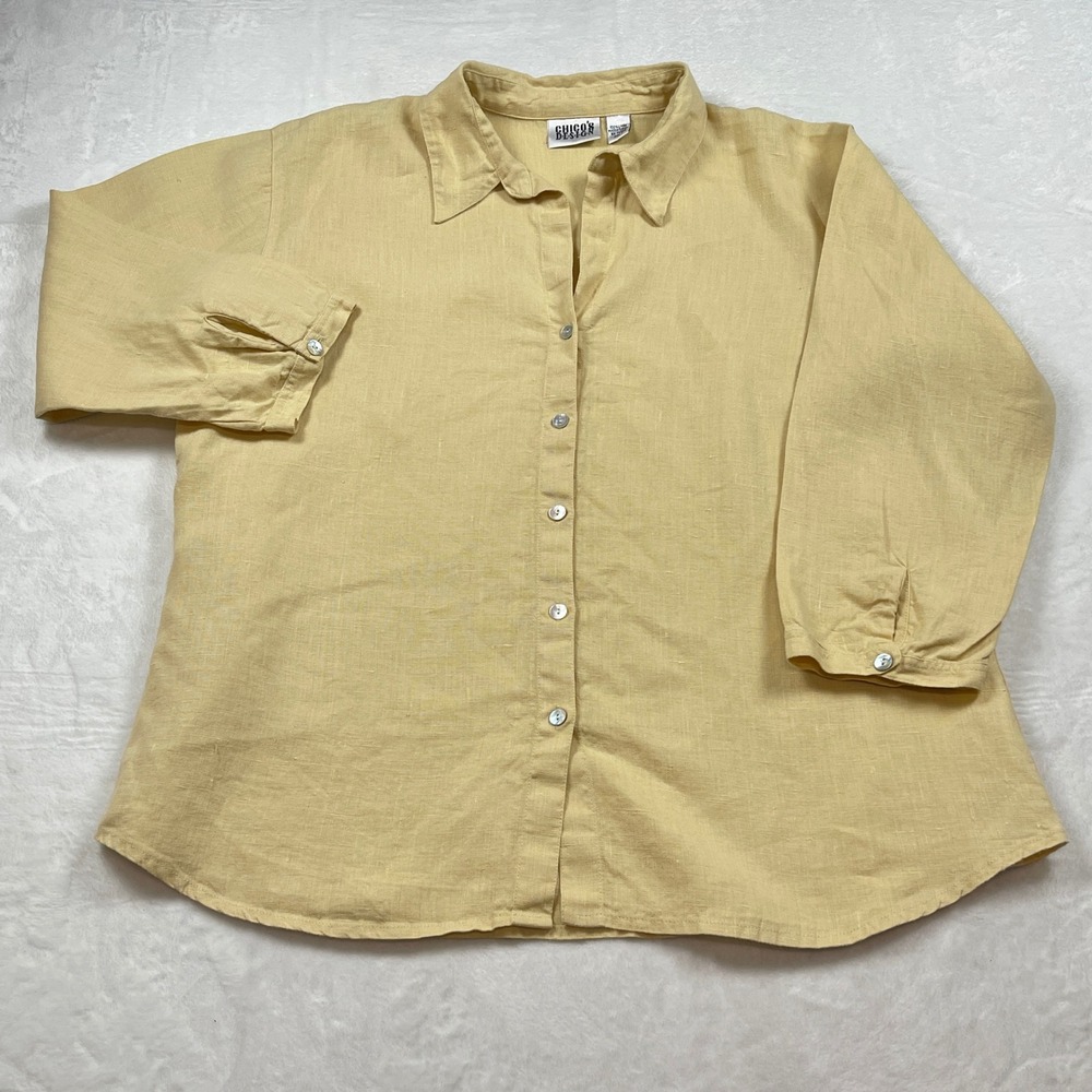 Chicos Design Yellow 100% Linen Button‎ Down Shirt Womens Size 3 (XL) 3/4 Sleeve